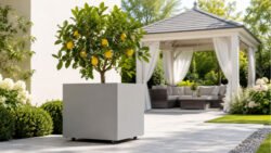 Hellgrauer Pflanzkübel Apollo 13 Mobile aus Aluminium mit kleinem Zitronenbaum in einem hellen Garten vor einer Gartenlaube