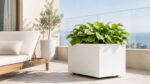 Weißer Pflanzkübel aus Aluminium mit Rollen, bepflanzt mit üppigen Hosta, auf einem hellen Balkon neben einer Liege mit Blick ins Freie