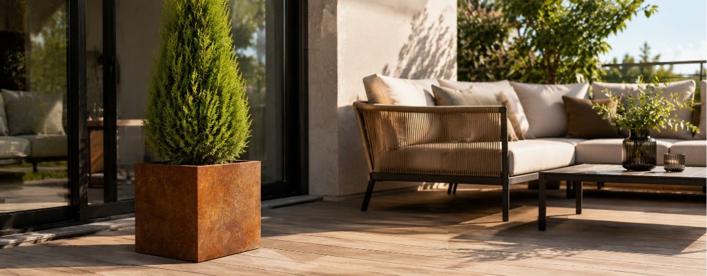 Cortenstahl-Pflanzkübel mit grüner Thuja auf einer sonnigen modernen Terrasse neben eleganten Gartenmöbeln
