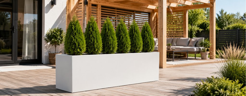 Pflanzkübel Aluminium – moderne Lösungen für Außenbereiche in jeder Größe 2 Weißer rechteckiger Aluminium-Pflanzkübel mit kleinen Thuja-Sträuchern auf einer sonnigen Terrasse vor einer hellen Holzpergola.