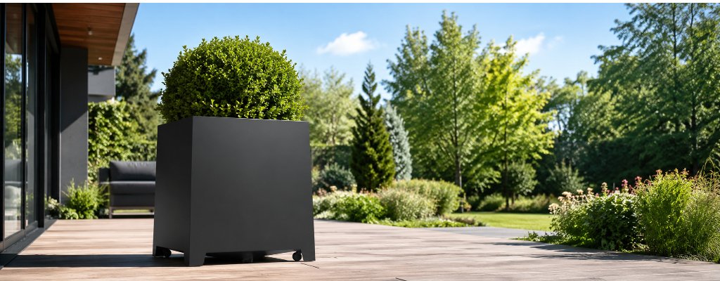 Pflanzkübel Aluminium – moderne Lösungen für Außenbereiche in jeder Größe 3 Schwarzer Aluminium-Pflanzkübel mit rundem Buchsbaum auf einem Podest im Garten, dahinter grüne Bäume bei sonnigem Wetter
