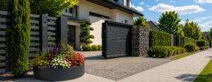 Blog 71 Großer runder Aluminium-Pflanzkübel in Anthrazit, bepflanzt mit bunten Blumen, seitlich neben einer modernen Einfahrt bei sonnigem Wetter platziert.