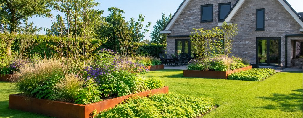 Pflanzkübel ohne Boden aus Cortenstahl für Beet und Garten 4 Sonniger Garten mit rechteckigen Pflanzkübeln ohne Boden aus Cortenstahl, bepflanzt mit Ziergräsern, Stauden, kleinen Bäumen und violett blühenden Pflanzen vor einem modernen Haus