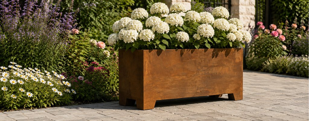 Pflanzkübel aus Cortenstahl – natürliche Stärke für stilvolle Außenbereiche 3 Großer Pflanzkübel aus Cortenstahl mit weißen Hortensien auf einem sonnigen Gartenweg, umgeben von blühenden Gartenblumen
