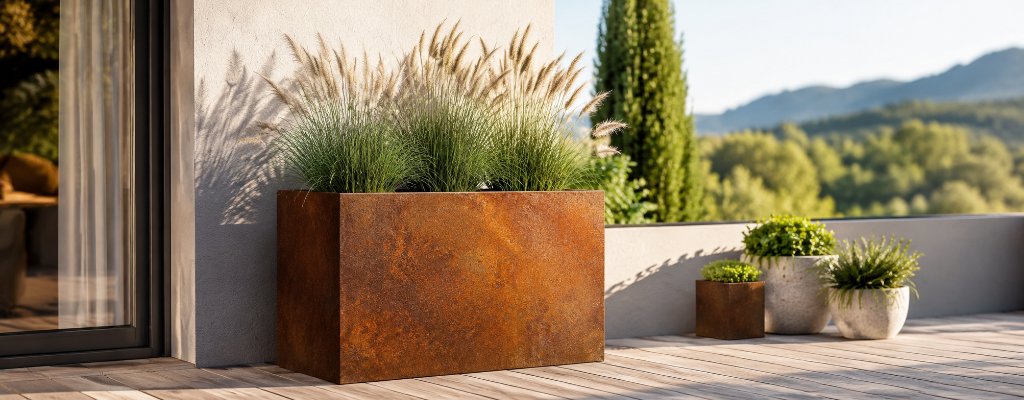 Pflanzkübel aus Cortenstahl – natürliche Stärke für stilvolle Außenbereiche 2 Rechteckiger Pflanzkübel aus Cortenstahl mit blühendem Ziergras auf einer sonnigen Terrasse, neben kleinen dekorativen Pflanzgefäßen