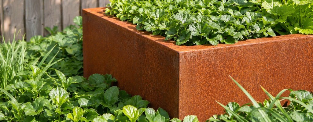 Pflanzkübel ohne Boden aus Cortenstahl für Beet und Garten 3 Quadratischer Pflanzkübel aus Cortenstahl in einem sonnigen Garten, bepflanzt mit grünen Blattschmuckpflanzen und umgeben von Bodendeckern, vor einem hellen Holzzaun.