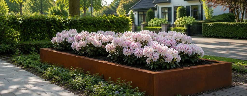 Pflanzkübel ohne Boden aus Cortenstahl für Beet und Garten 5 Rechteckiger Pflanzkübel ohne Boden aus Cortenstahl mit weiß und rosa blühenden Rhododendren in einem sonnigen Vorgarten vor einem modernen Wohnhaus