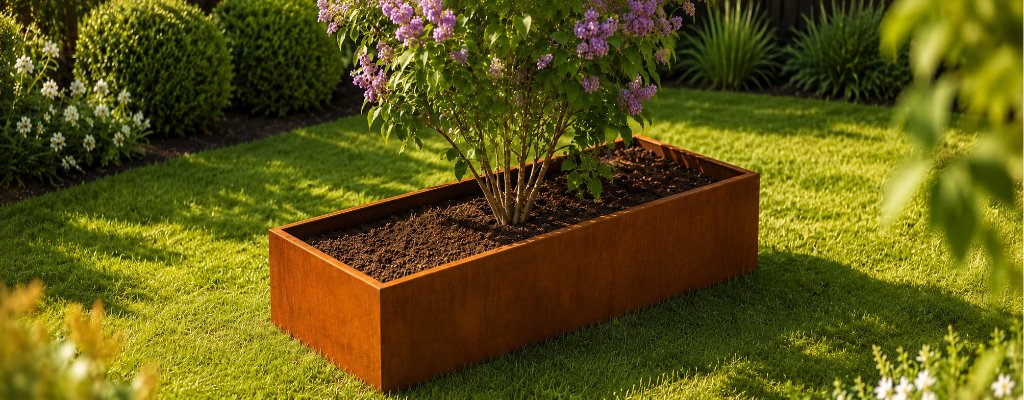 Rechteckiger Pflanzkübel ohne Boden aus Cortenstahl auf einer Rasenfläche in einem sonnigen Garten, mit Erde gefüllt und mit einem kleinen blühenden Fliederbaum bepflanzt