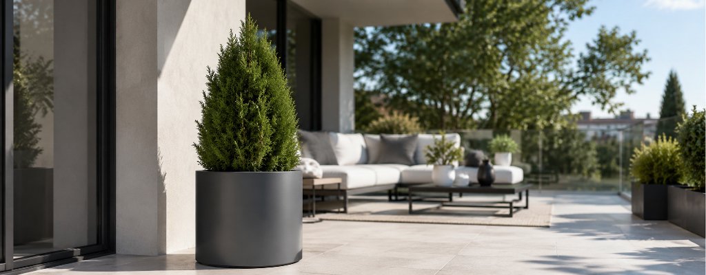 Pflanzkübel aus Aluminium Rund – moderne Pflanzgefäße für stilvolle Außenbereiche 3 Grauer Aluminium-Pflanzkübel mit einer Thuja auf einer sonnigen Terrasse