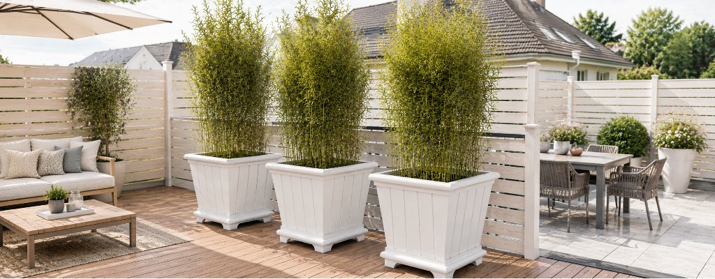 Pflanzkübel als Raumteiler und Sichtschutz für die Terrasse 2 Drei weiße Pflanzkübel mit hohen Sichtschutzpflanzen dienen als natürlicher Raumteiler zwischen zwei Terrassen und schaffen mehr Privatsphäre im Außenbereich