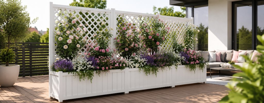 Weißer Pflanzkasten mit Rankgitter und blühenden Rosen als Sichtschutz und Raumteiler auf einer modernen Terrasse