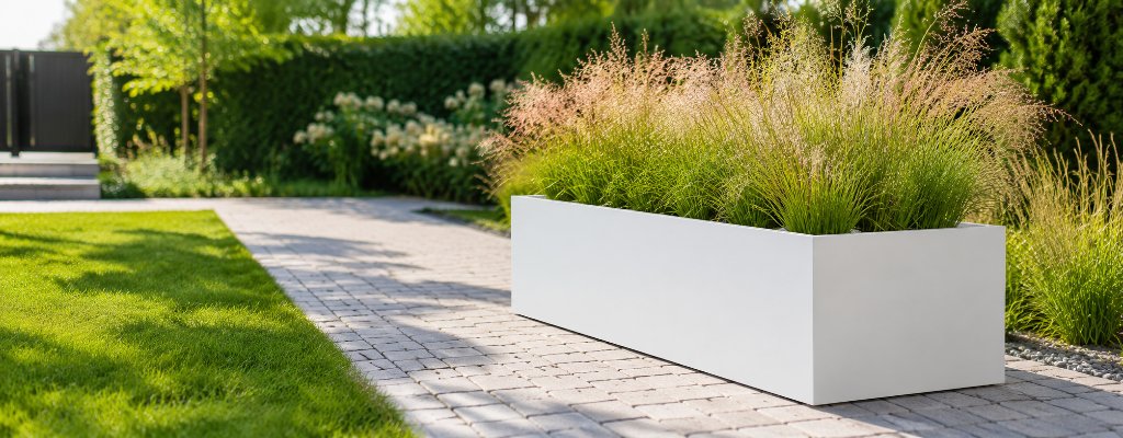 Warum moderne Pflanzkübel aus Fiberglas ideal für Terrasse und Garten sind 2 Weißer Fiberglas Pflanzkübel Emilio 2 mit blühenden Ziergräsern auf einem sonnigen Gartenweg