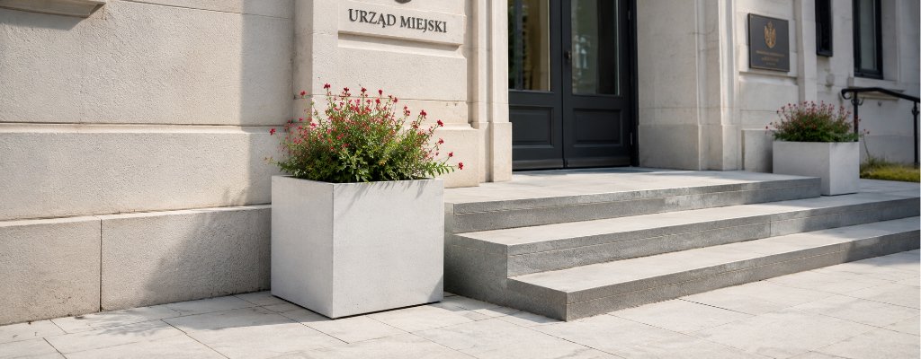 Beton-Pflanzkübel im Winter schützen – Kübelpflanzen sicher vor Frost bewahren 2 Weißer Beton-Pflanzkübel Alessandro 3 mit zarten roten Blüten vor dem Eingangsbereich eines modernen Gebäudes