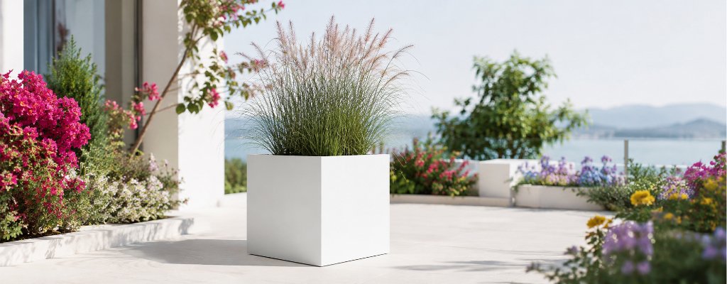 Weißer Aluminium-Pflanzkübel Alessio 1 mit blühendem Ziergras auf einer hellen Terrasse, umgeben von farbenfrohen Blumen