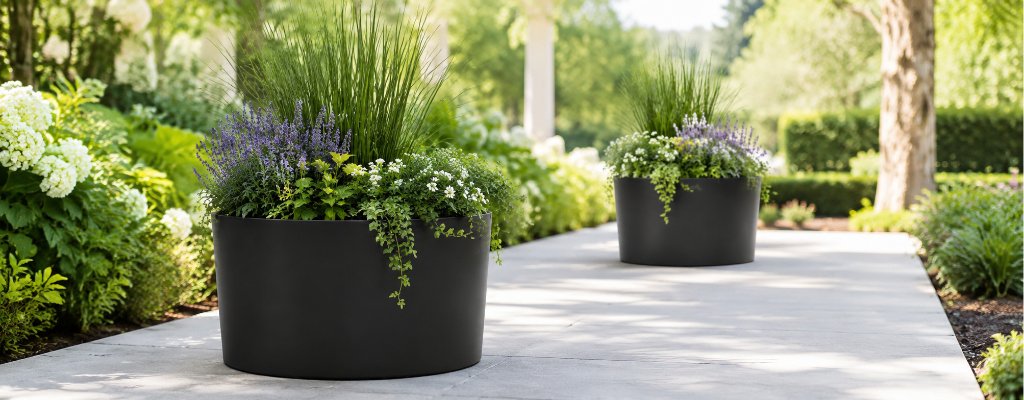 Schwarze Aluminium-Pflanzkübel Tiziano mit üppiger Bepflanzung auf einem hellen Gartenweg, harmonisch in die grüne Umgebung integriert