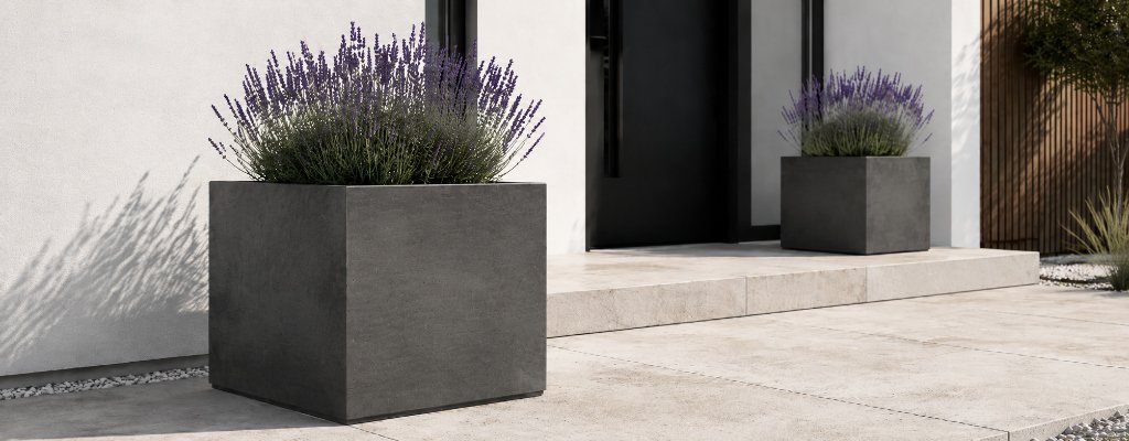 Schwarzer Beton-Pflanzkübel Adamo mit üppiger Lavendelbepflanzung vor einem modernen Haus auf einer hellen Terrasse