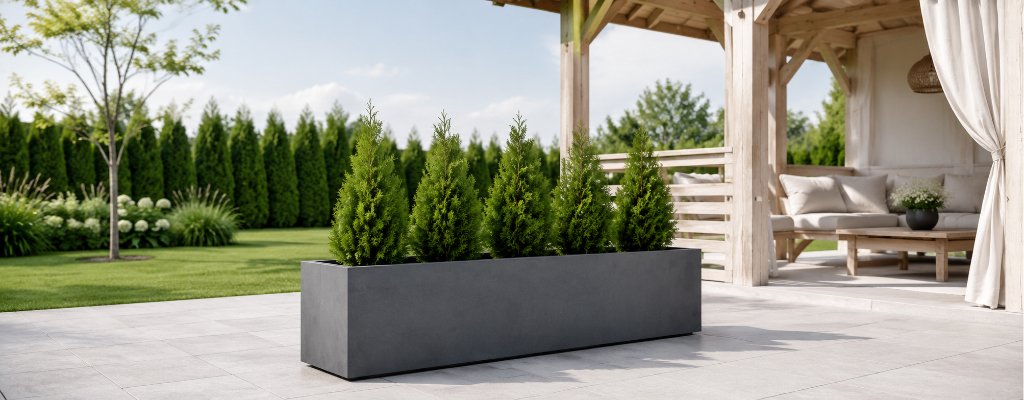 Grauer Betonpflanzkübel Leocadia mit kleinen, grünen Thuja-Sträuchern neben einer hellen Holzlaube in einem modernen Garten.