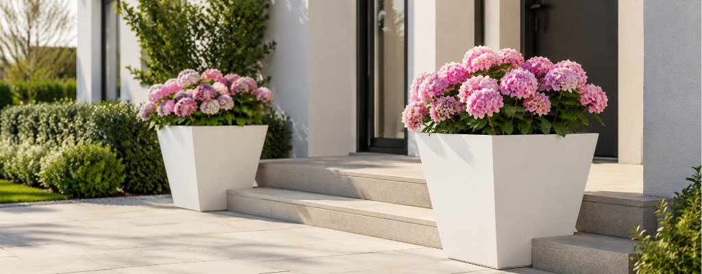 Pflanzkübel aus Aluminium – Vorteile eines langlebigen und stilvollen Materials 2 Weiße Aluminium-Pflanzkübel Daniele mit üppigen rosa Hortensien neben den Stufen eines modernen Hauseingangs