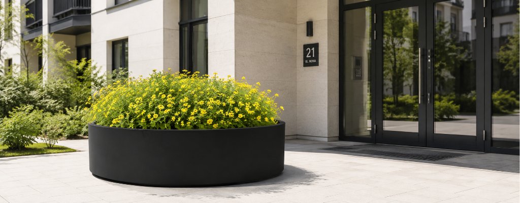Sind Pflanzkübel aus Aluminium für den Außenbereich geeignet? 2 Schwarzer Aluminium-Pflanzkübel Tiziano 5 mit kleinen gelben Blumen vor dem Eingang eines Wohngebäudes