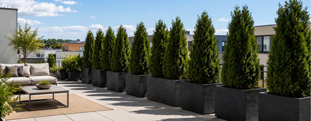Große Pflanzkübel aus Beton als Sichtschutz und Raumteiler für den Außenbereich 2 Schwarze Beton-Pflanzkübel Adamo mit hohen Thuja-Pflanzen als Sichtschutz und Raumteiler auf einer sonnigen Dachterrasse