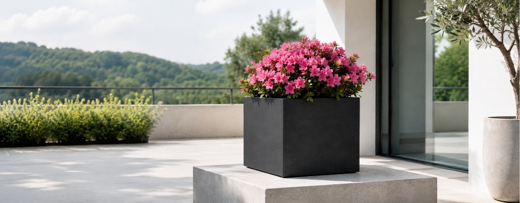 Schwarzer quadratischer Beton-Pflanzkübel mit blühenden pinken Azaleen auf einem hellen Podest einer modernen Terrasse