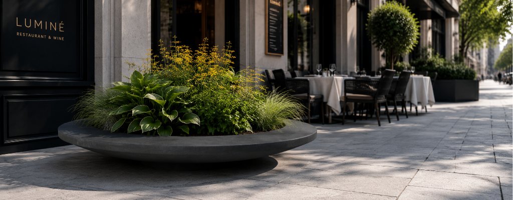 Pflanzkübel aus Beton richtig bepflanzen – Tipps für die passende Bepflanzung 2 Schwarze Beton-Pflanzschale Matteo Ring mit üppiger grüner Bepflanzung und feinen gelben Blüten vor einer modernen Restaurantterrasse