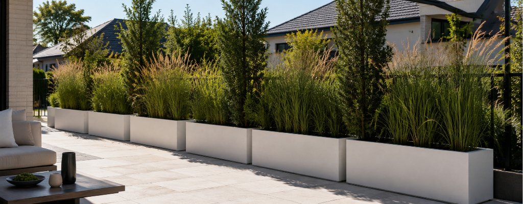 Weiße Beton-Pflanzkübel Geraldo 10 mit hohen Gräsern und Gehölzen als Sichtschutz und Raumteiler auf einer sonnigen Terrasse