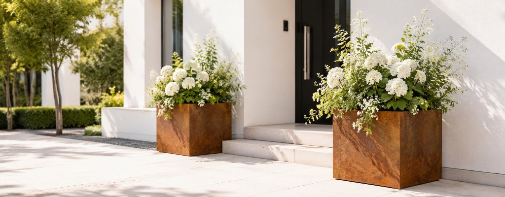 Zwei Cortenstahl-Pflanzkübel Cubi 1 mit weißen Blumen vor einem modernen Hauseingang