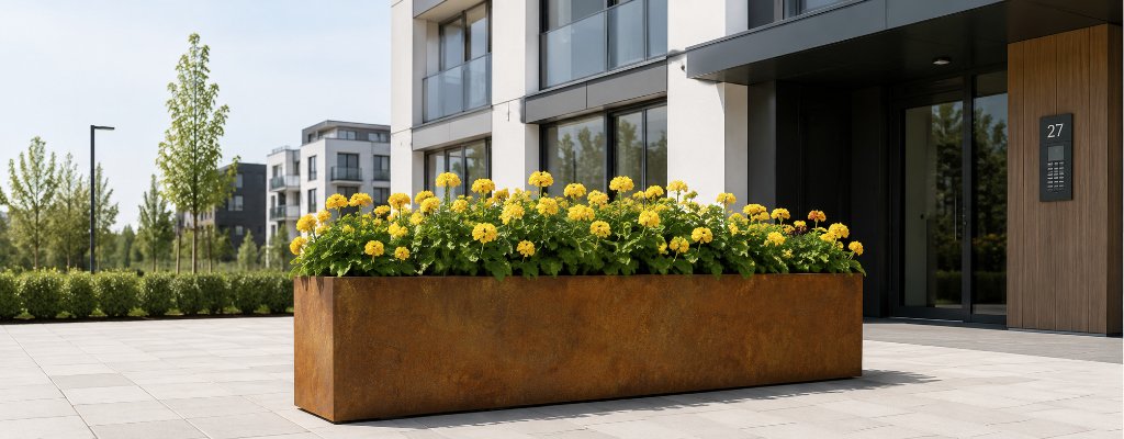 Können Pflanzkübel aus Cortenstahl durchrosten? 2 Langer Cortenstahl-Pflanzkübel Cubi 24 mit gelben Pelargonien vor einem modernen Wohngebäude