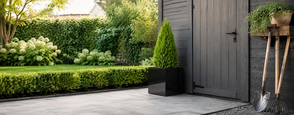Sind Pflanzkübel aus Fiberglas leicht und einfach zu transportieren? 2 Moderner schwarzer Pflanzkübel Marco 4 aus Fiberglas mit grünem Nadelgehölz, neben einem dunklen Gartenhaus auf einer eleganten Terrasse