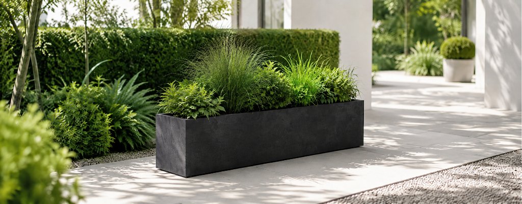 Welche Pflanzen eignen sich für stilvolle Pflanzkübel in Betonoptik? 2 Luca Pflanzkübel in schwarzer Betonoptik mit grüner Bepflanzung auf einem hellen Gartenweg