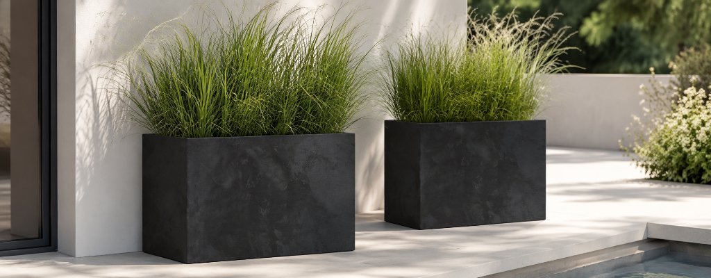 Wie pflegt man robuste und langlebige Pflanzkübel in Betonoptik richtig 2 Manuel Pflanzkübel in schwarzer Betonoptik mit grünen Ziergräsern auf einer modernen hellen Terrasse