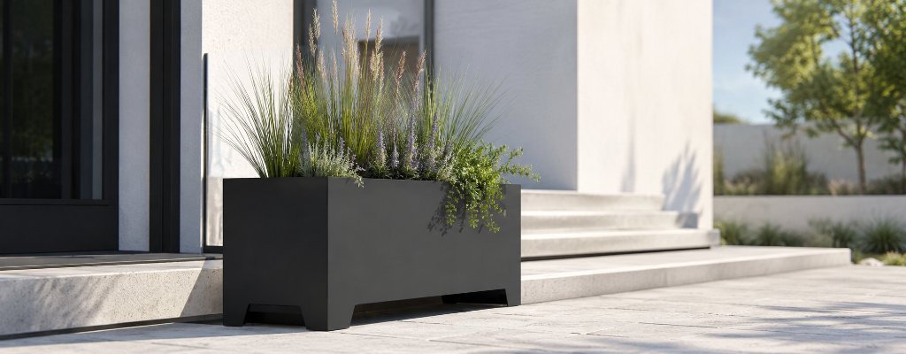 Welche Pflanzen passen in Pflanzkübel mit Rollen für Garten und Balkon? 2 Apollo 15 Mobile Pflanzkübel aus schwarzem Aluminium mit integrierten Rollen, bepflanzt mit Ziergräsern und dezenten Blühpflanzen, vor einem modernen Haus neben hellen Treppenstufen
