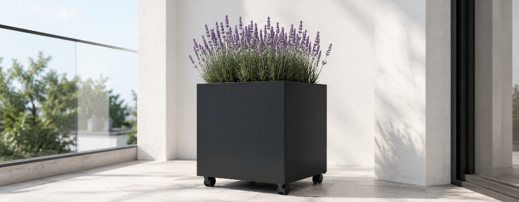 Pflanzkübel mit Rollen: Drainage richtig planen und Staunässe vermeiden 2 Apollo 3 Pflanzkübel aus schwarzem Aluminium auf Rollen mit Lavendel auf einem modernen Balkon