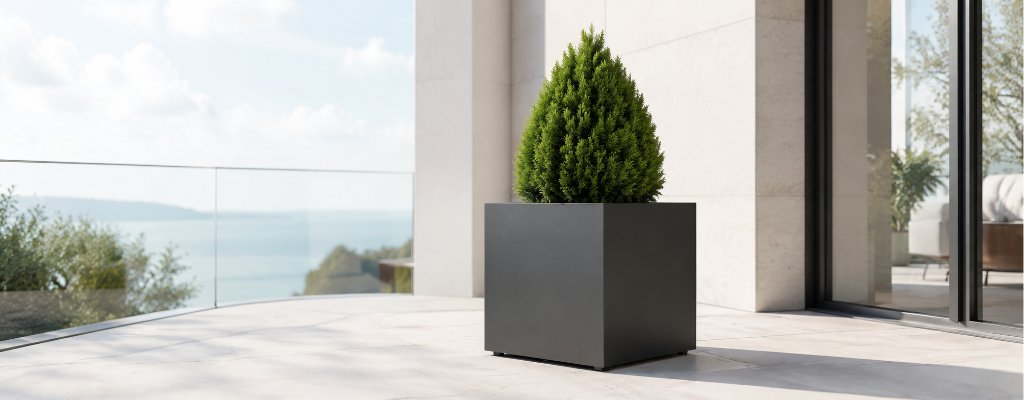 Pflanzkübel mit Rollen: Drainage richtig planen und Staunässe vermeiden 3 Ivo Mobile Pflanzkübel aus Aluminium mit Thuja auf einer modernen Terrasse
